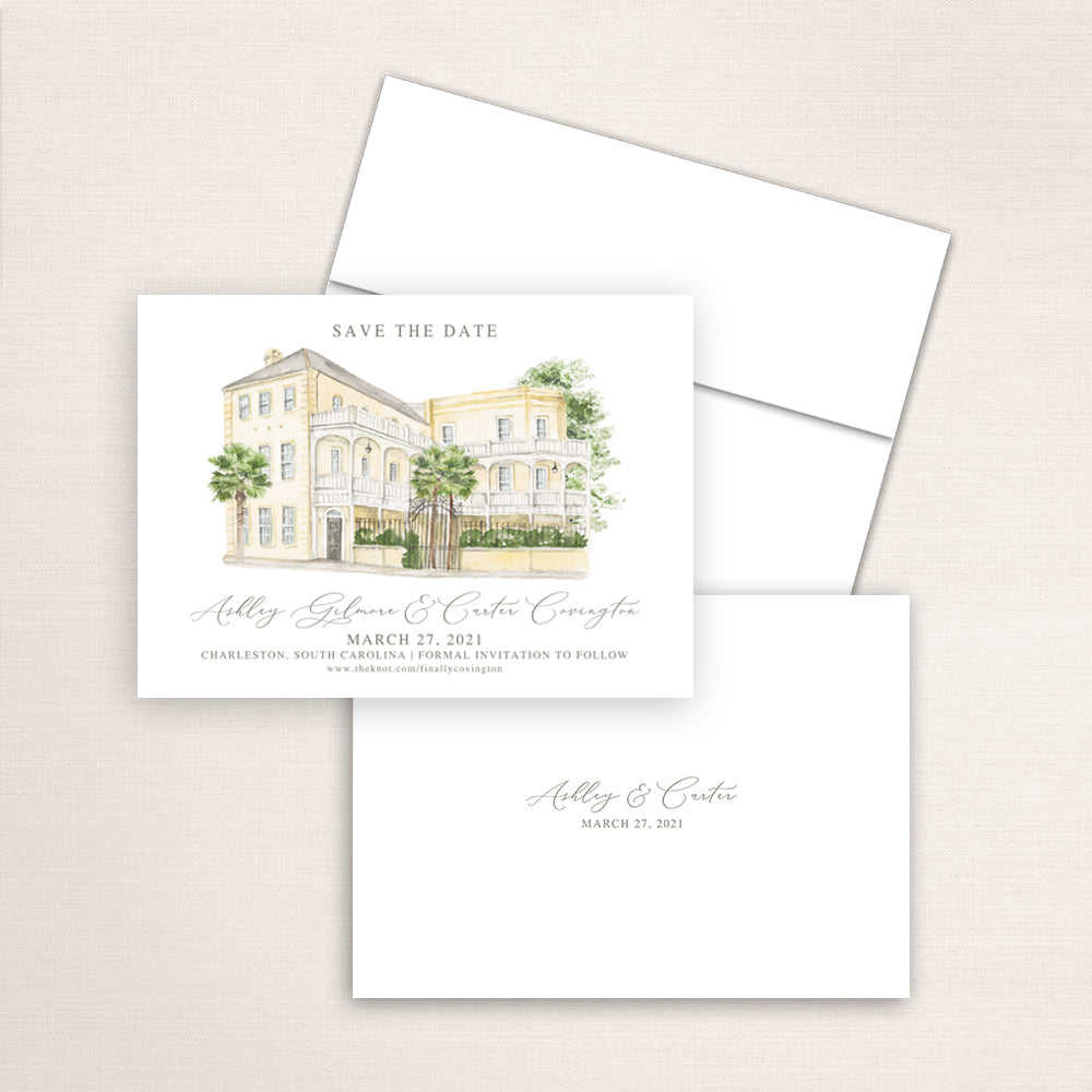 Custom watercolor Save the Date card featuring hand-painted venue illustration of the William Aiken House in Charleston, South Carolina, personalized wedding stationery with elegant venue artwork. 