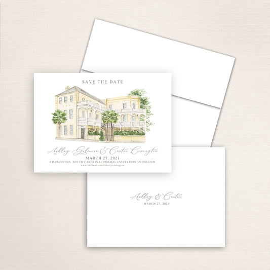 Custom watercolor Save the Date card featuring hand-painted venue illustration of the William Aiken House in Charleston, South Carolina, personalized wedding stationery with elegant venue artwork. 