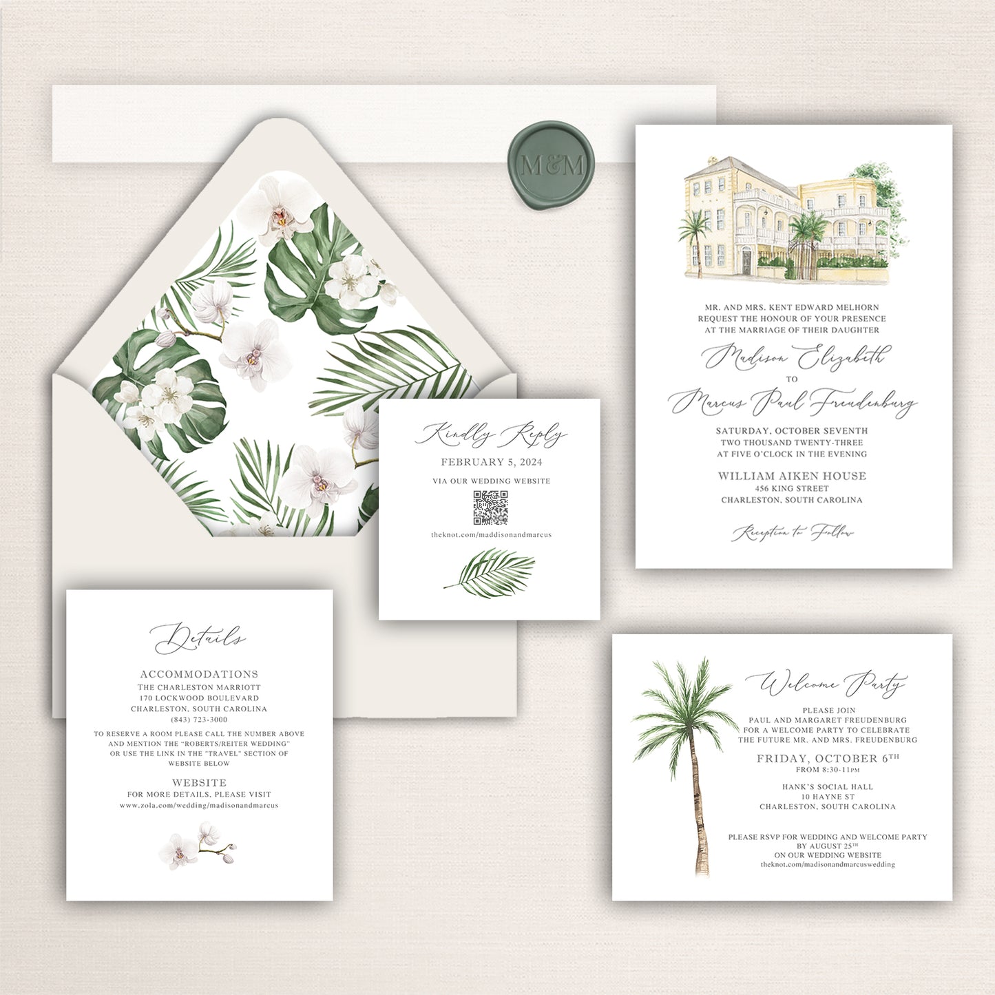 Wedding invitation suite with watercolor illustration of the William Aiken House, envelope liner, and coordinating stationery pieces.