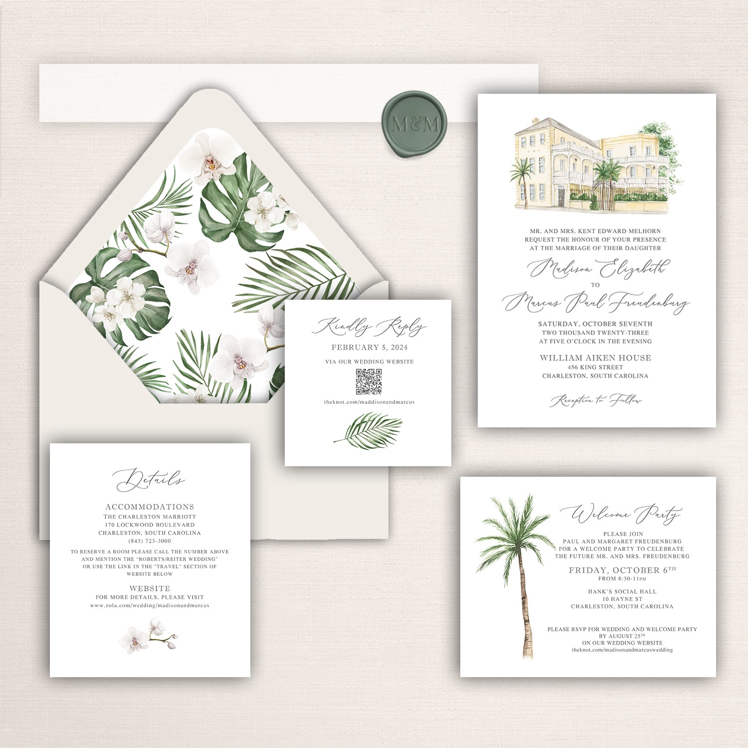 Wedding invitation suite with watercolor illustration of the William Aiken House, envelope liner, and coordinating stationery pieces.