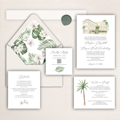 Wedding invitation suite with watercolor illustration of the William Aiken House, envelope liner, and coordinating stationery pieces.
