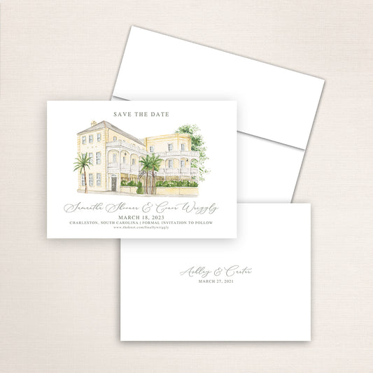 Custom watercolor Save the Date card featuring hand-painted venue illustration of the William Aiken House in Charleston, South Carolina, personalized wedding stationery with elegant venue artwork. 