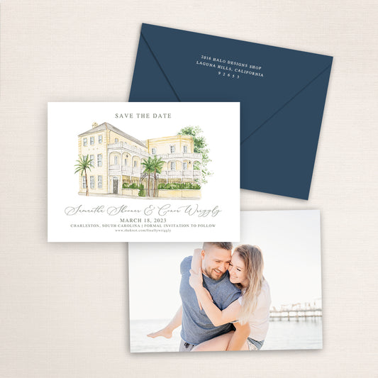 Custom watercolor Save the Date card featuring hand-painted venue illustration of the William Aiken House in Charleston, South Carolina, personalized wedding stationery with elegant venue artwork with matching envelope.