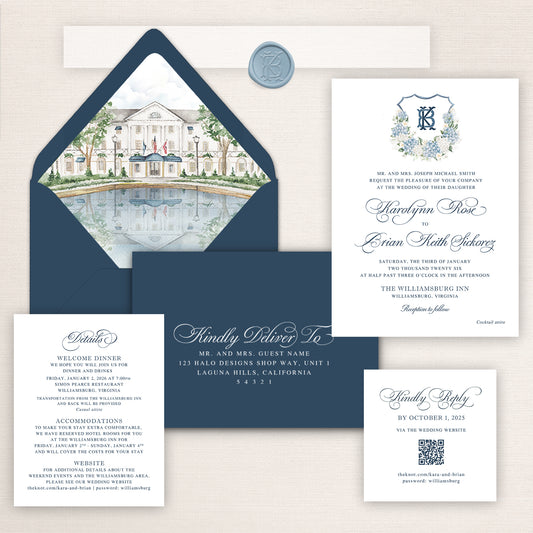 Elegant Williamsburg Inn wedding invitation suite featuring a navy blue envelope with watercolor liner illustration of the Williamsburg Inn reflected in a pond, formal invitation with blue hydrangea crest monogram and romantic script typography, detailed information card, minimalist RSVP card with QR code, and coordinating guest addressing envelope in navy, soft blue, ivory, and neutral tones inspired by classic Southern elegance.