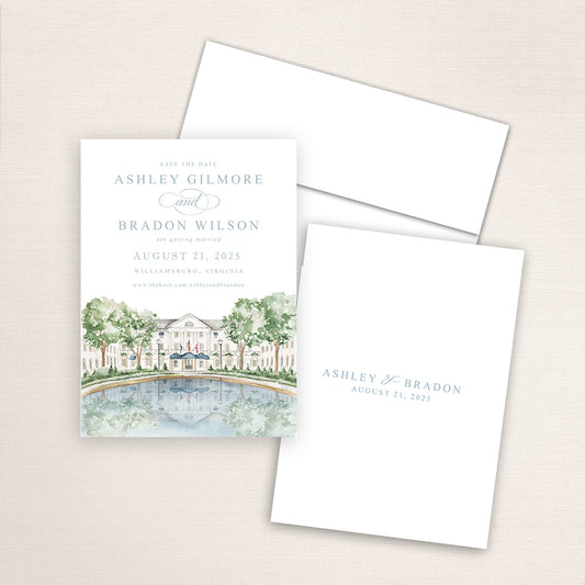 Custom watercolor Save the Date card featuring hand-painted venue illustration of Williamsburg Inn in Williamsburg, Virginia. Personalized wedding stationery with elegant venue artwork. 