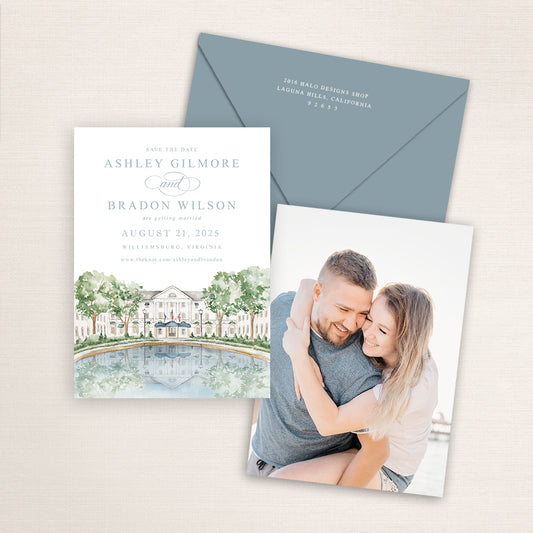 Custom watercolor Save the Date card featuring hand-painted venue illustration of Williamsburg Inn in Williamsburg, Virginia. Personalized wedding stationery with elegant venue artwork with matching envelopes.