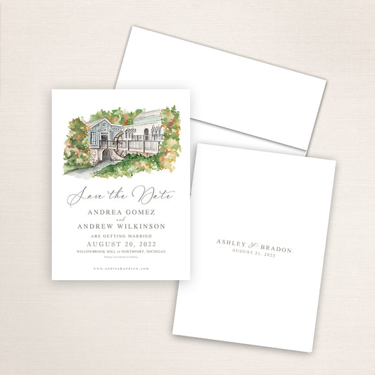 Custom watercolor Save the Date card featuring hand-painted venue illustration of Willowbrook Mill in Northport Michigan personalized wedding stationery with elegant venue artwork. 