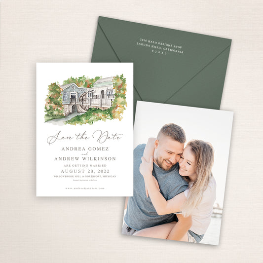 Custom watercolor Save the Date card featuring hand-painted venue illustration of Willowbrook Mill in Northport Michigan personalized wedding stationery with elegant venue artwork with matching envelopes.