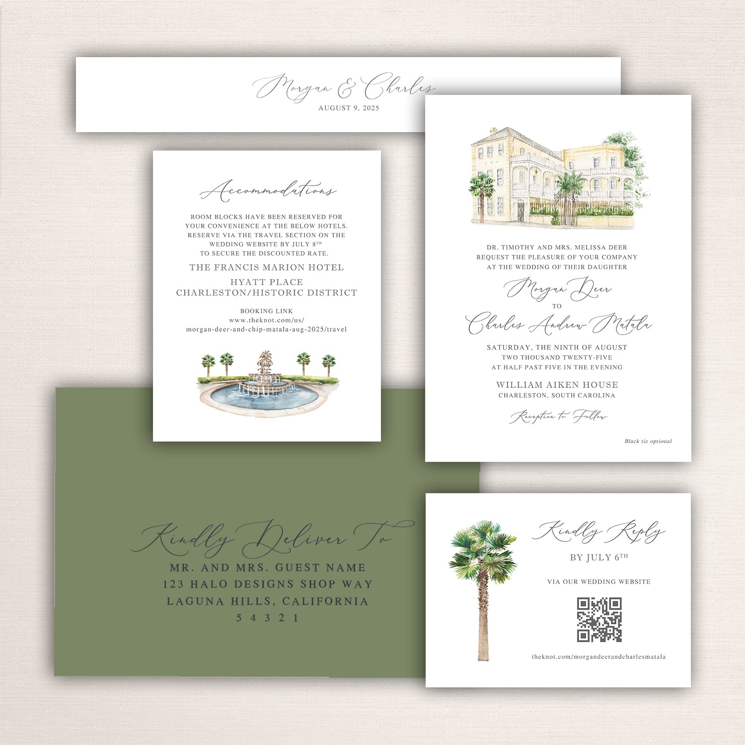 Wedding invitation suite with watercolor illustration of the William Aiken House, Pineapple Fountain, and coordinating stationery pieces.