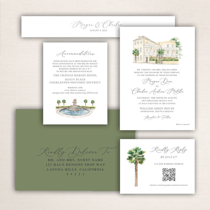Wedding invitation suite with watercolor illustration of the William Aiken House, Pineapple Fountain, and coordinating stationery pieces.