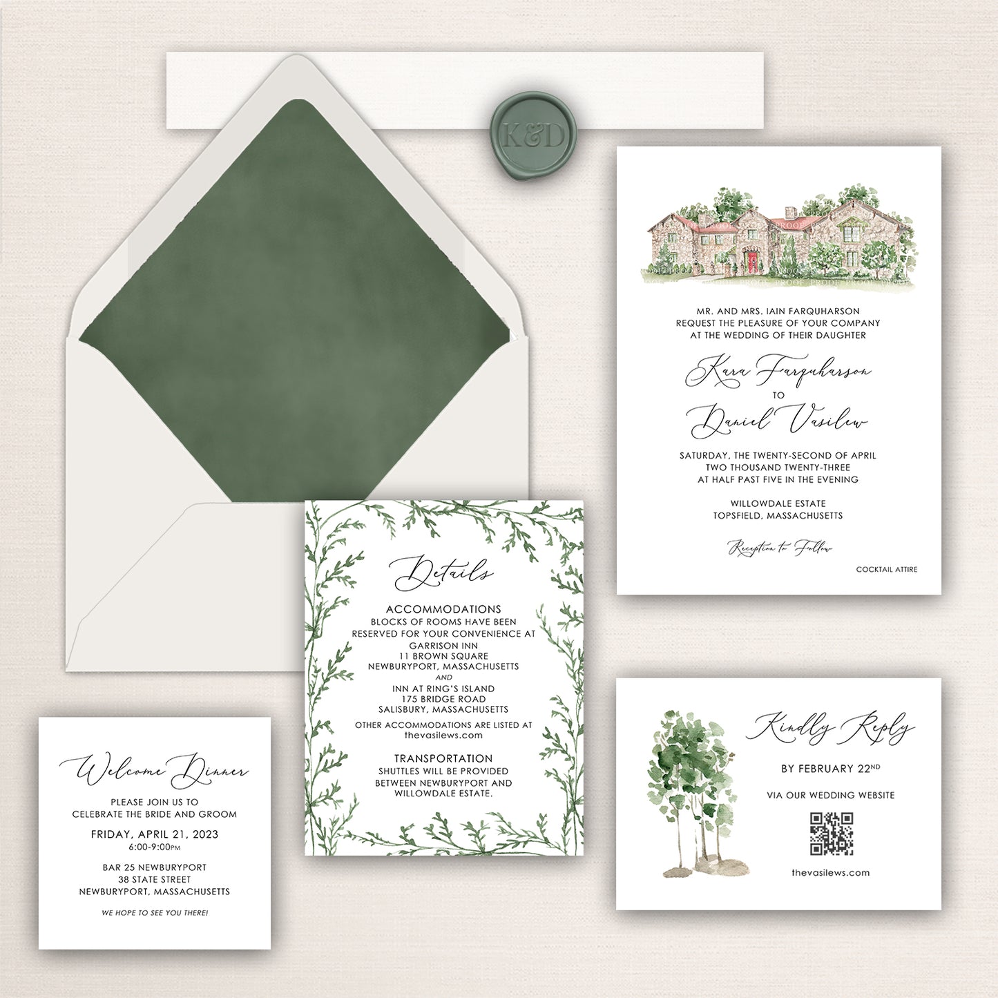 Willowdale Estate wedding invitation suite with watercolor venue illustration, green envelope liner, RSVP card, details card, and welcome dinner insert.