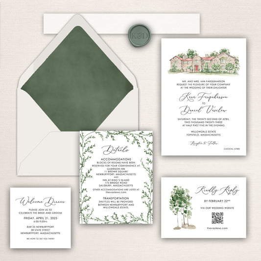Willowdale Estate wedding invitation suite with watercolor venue illustration, green envelope liner, RSVP card, details card, and welcome dinner insert.