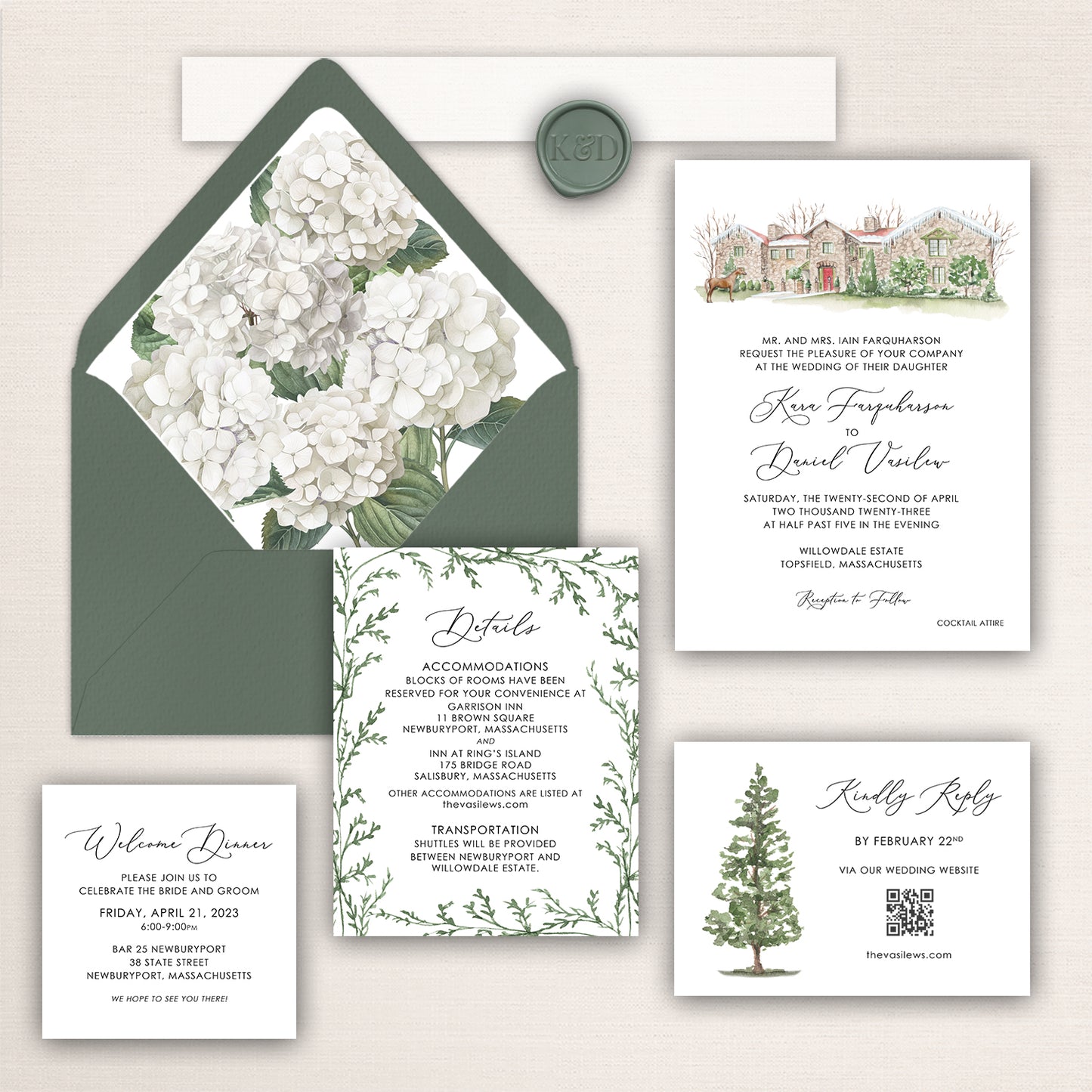 Willowdale Estate winter wedding invitation suite with watercolor venue illustration, white hydrangea envelope liner, RSVP card, details card, and welcome dinner insert.