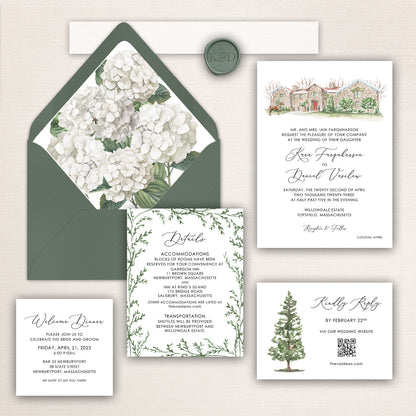 Willowdale Estate winter wedding invitation suite with watercolor venue illustration, white hydrangea envelope liner, RSVP card, details card, and welcome dinner insert.