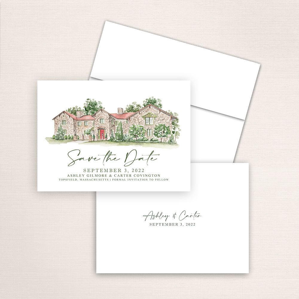 Custom watercolor Save the Date card featuring hand-painted venue illustration of Willowdale Estate in Topsfield, Massachusetts. Personalized wedding stationery with elegant venue artwork.