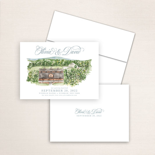 Custom watercolor Save the Date card featuring hand-painted venue illustration of Windham Manor in Windham, New York. Personalized wedding stationery with elegant venue artwork