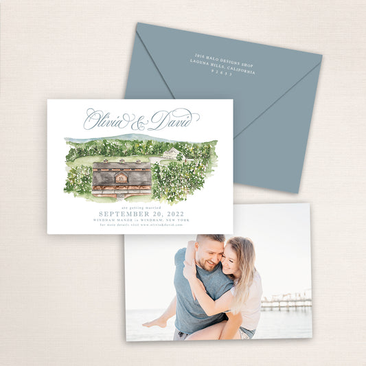 Custom watercolor Save the Date card featuring hand-painted venue illustration of Windham Manor in Windham, New York. Personalized wedding stationery with elegant venue artwork with matching envelopes.