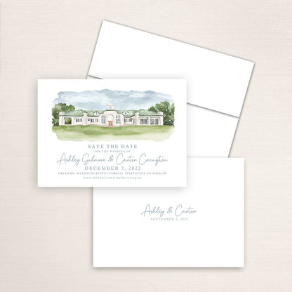 Custom watercolor Save the Date card featuring hand-painted venue illustration of Winslow Estate in Orleans Massachusetts personalized wedding stationery with elegant venue artwork. 