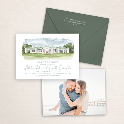 Custom watercolor Save the Date card featuring hand-painted venue illustration of Winslow Estate in Orleans Massachusetts. Personalized wedding stationery with elegant venue artwork with matching envelopes.