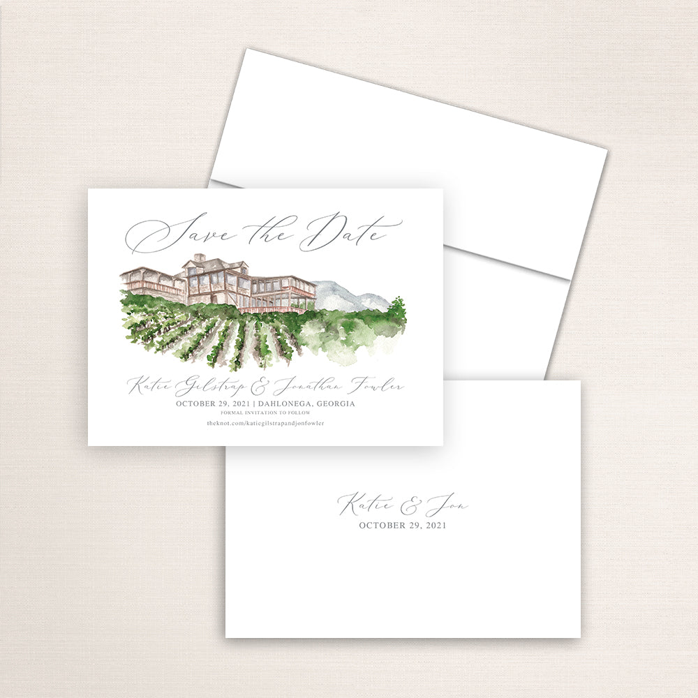 Custom watercolor Save the Date card featuring a hand-painted venue illustration of Wolf Mountain Vineyards in Dahlonega, Georgia. Personalized wedding stationery with elegant venue artwork.