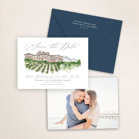 Custom watercolor Save the Date card featuring a hand-painted venue illustration of Wolf Mountain Vineyards in Dahlonega, Georgia. Personalized wedding stationery with elegant venue artwork and matching envelopes.