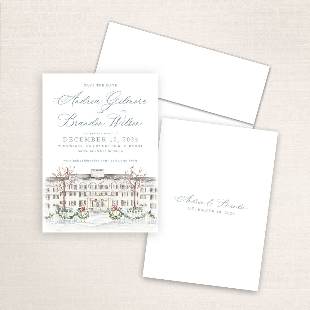Winter wedding save the date announcement featuring a hand-painted watercolor of the Woodstock Inn covered in snow.