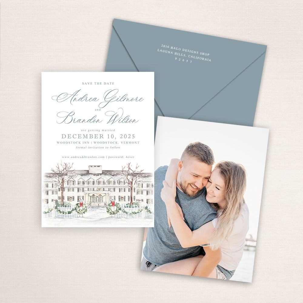 Winter wedding save the date cards featuring a hand-painted venue watercolor of the Woodstock Inn with an engagement photo on the back and matching envelopes.