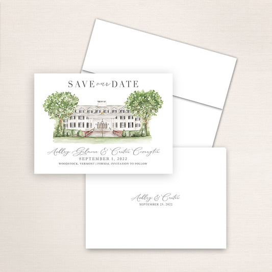 Custom watercolor Save the Date card featuring hand-painted venue illustration of Woodstock Inn in Woodstock, Vermont personalized wedding stationery with elegant venue artwork. 