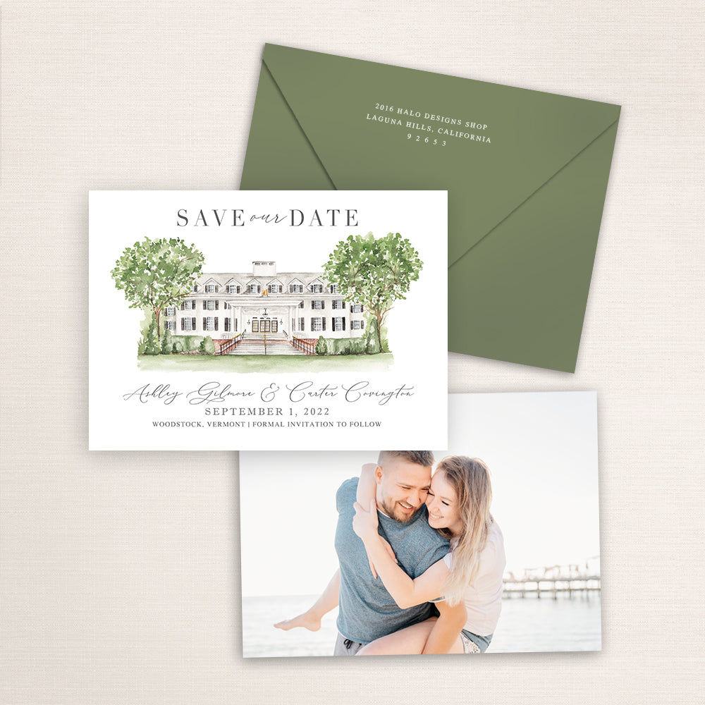 Custom watercolor Save the Date card featuring hand-painted venue illustration of Woodstock Inn in Woodstock, Vermont personalized wedding stationery with elegant venue artwork with matching envelope.