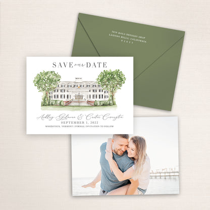Custom watercolor Save the Date card featuring hand-painted venue illustration of Woodstock Inn in Woodstock, Vermont personalized wedding stationery with elegant venue artwork with matching envelope.
