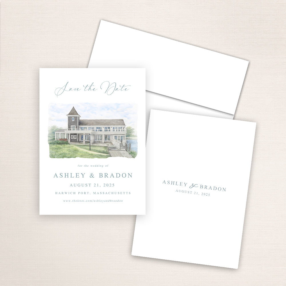 Wychmere Beach Club save the date featuring a soft watercolor illustration of the Cape Cod waterfront venue in Harwich Port, Massachusetts, elegant blue script typography, and a minimalist back with the couple’s names and wedding date.