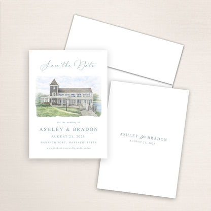 Wychmere Beach Club save the date featuring a soft watercolor illustration of the Cape Cod waterfront venue in Harwich Port, Massachusetts, elegant blue script typography, and a minimalist back with the couple’s names and wedding date.