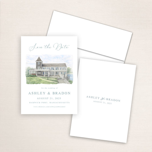 Wychmere Beach Club save the date featuring a soft watercolor illustration of the Cape Cod waterfront venue in Harwich Port, Massachusetts, elegant blue script typography, and a minimalist back with the couple’s names and wedding date.