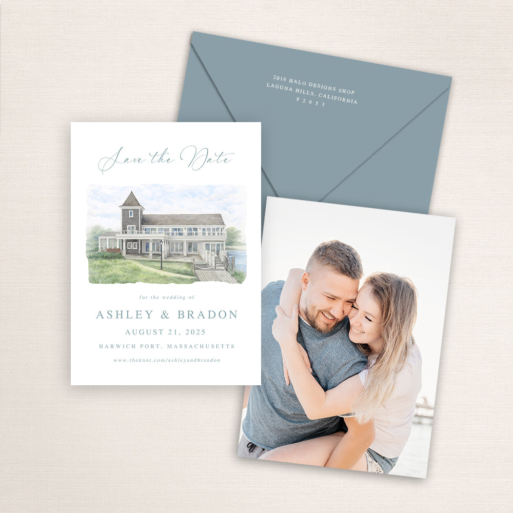 Wychmere Beach Club wedding save the date with a watercolor venue illustration, coastal blue envelope, refined calligraphy text, and engagement photo printed on the back.