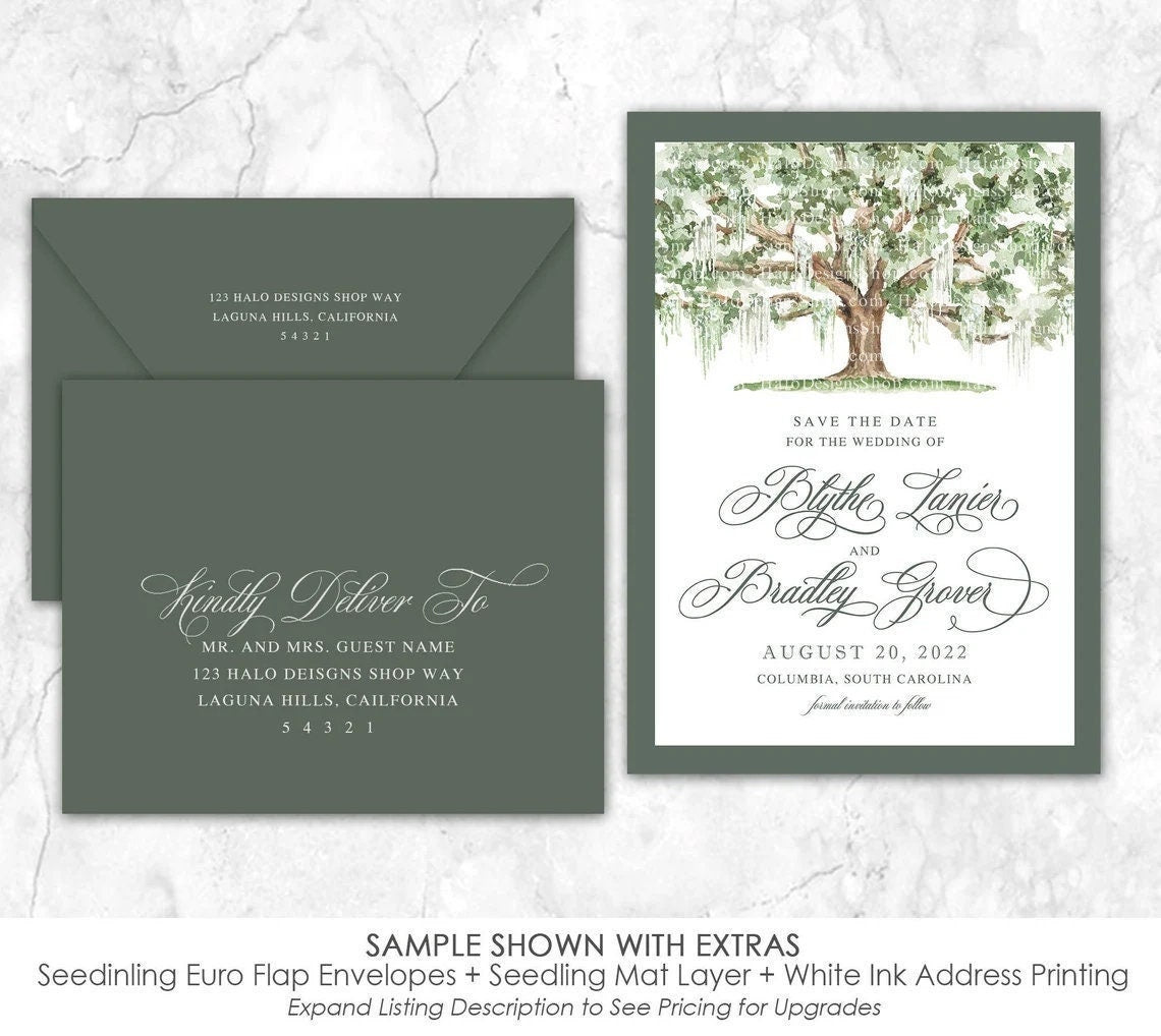 Custom watercolor Save the Date card featuring hand-painted venue illustration of Oak Tree covered in moss personalized wedding stationery with elegant venue artwork. 