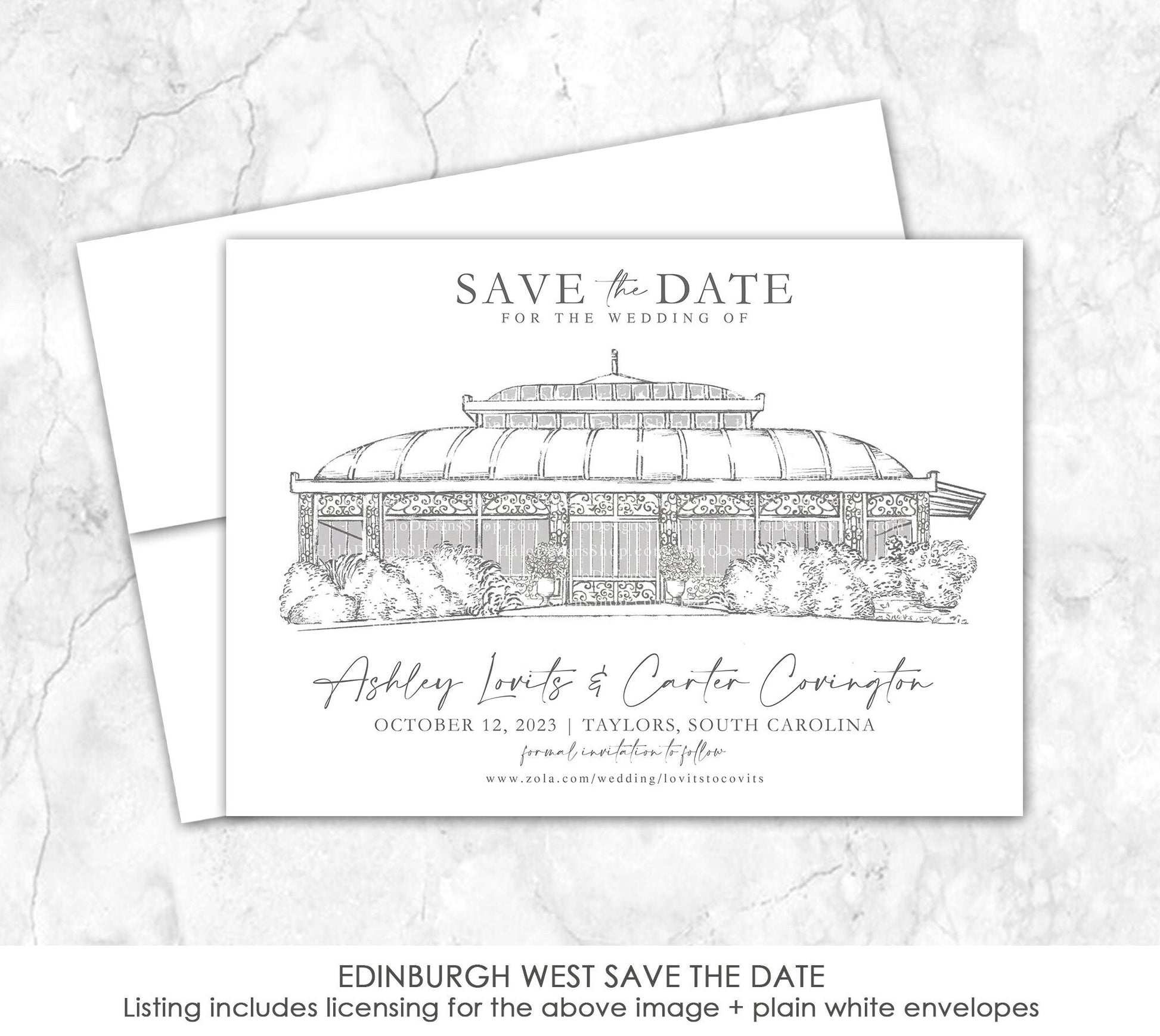 Custom Sketch Save the Date card featuring hand-drawn illustration of Edinburgh West in Taylors, South Carolina, personalized wedding stationery with elegant venue artwork.