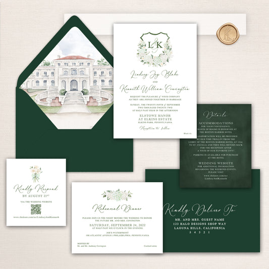 Elstowe Manor wedding invitation suite with watercolor venue illustration, hydrangea crest design, RSVP card, rehearsal dinner insert, and forest green lined envelope.