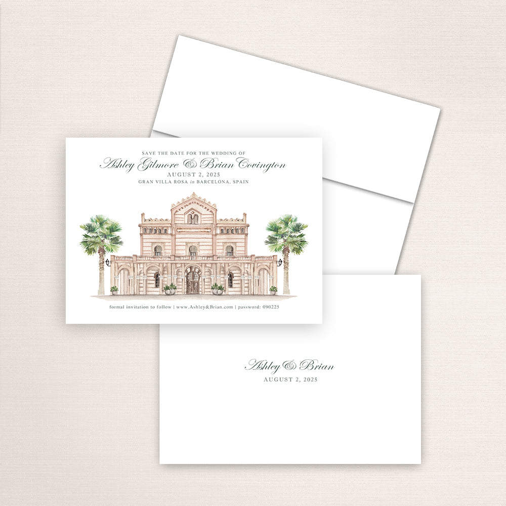 Gran Villa Rosa Barcelona save the date with hand-drawn architectural artwork of the villa, classic wedding typography, coordinating envelope, and minimalist printed back with couple’s names and date.