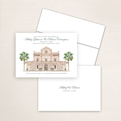 Gran Villa Rosa Barcelona save the date with hand-drawn architectural artwork of the villa, classic wedding typography, coordinating envelope, and minimalist printed back with couple’s names and date.
