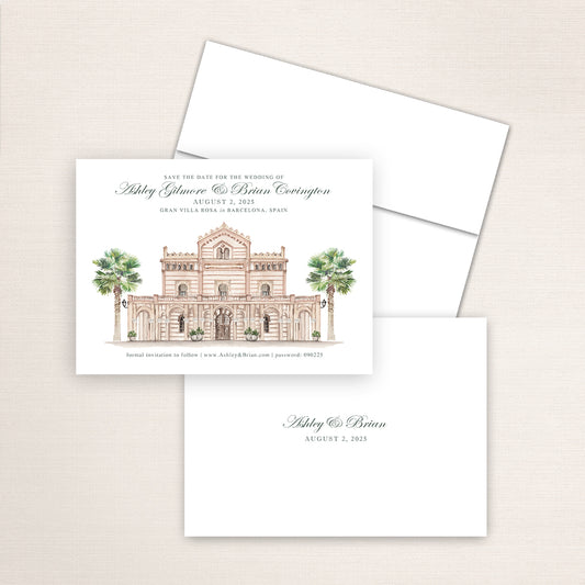 Gran Villa Rosa Barcelona save the date with hand-drawn architectural artwork of the villa, classic wedding typography, coordinating envelope, and minimalist printed back with couple’s names and date.
