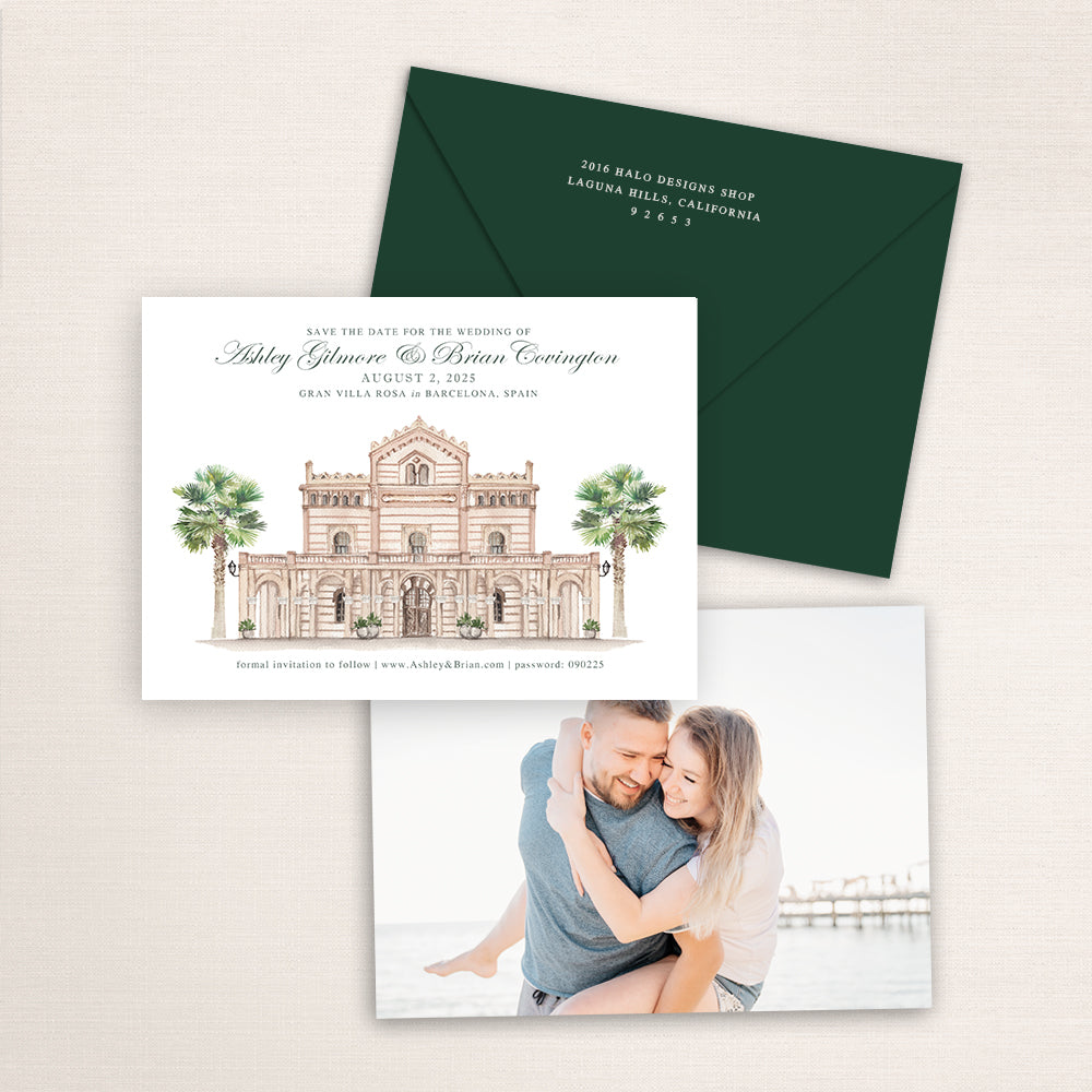 Gran Villa Rosa Barcelona save the date featuring a hand-painted watercolor of the historic Spanish villa with palm trees, elegant script names, dark green envelope, and engagement photo on the back.