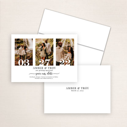 Modern save the date card layout with three vertical engagement photos and bold white date typography “03 27 22.” The card includes wedding details for Amber and Troy and a simple white back design with their names and wedding date in minimalist black text.