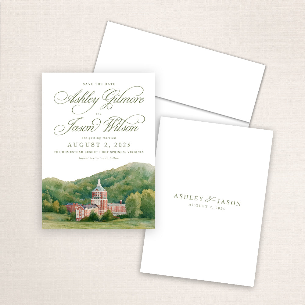 The Homestead Resort wedding save the date with detailed watercolor venue illustration in Hot Springs, Virginia, refined calligraphy names, and minimalist back printed with the couple’s names and wedding date.