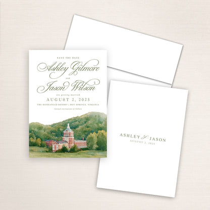 The Homestead Resort wedding save the date with detailed watercolor venue illustration in Hot Springs, Virginia, refined calligraphy names, and minimalist back printed with the couple’s names and wedding date.