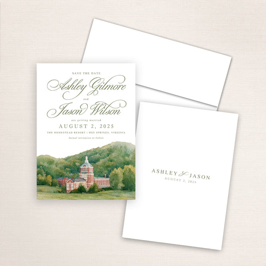 The Homestead Resort wedding save the date with detailed watercolor venue illustration in Hot Springs, Virginia, refined calligraphy names, and minimalist back printed with the couple’s names and wedding date.